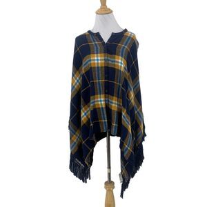 Volcom Poncho Womens XS/S Navy Plaid Cotton Button Front Tassel Fringe Trimmed